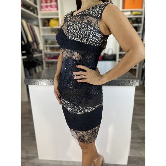 Mandalay by Julian Joyce Black Lace Beaded Sheath Dress $495 - Picture 5 of 11